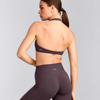 SoftMotion™ Minimal Halter Neck Bralette with Gray Logo | Dark Umber Brown