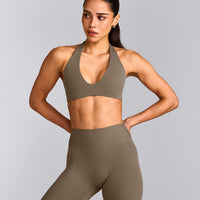 SoftMotion™ Minimal Halter Neck Bralette with Gray Logo | Moss Brown