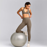 SoftMotion™ Minimal Halter Neck Bralette with Gray Logo | Moss Brown
