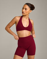 SoftMotion™ Minimal Halter Neck Bralette with Gray Logo | Ruby Red