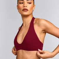 SoftMotion™ Minimal Halter Neck Bralette with Gray Logo | Ruby Red