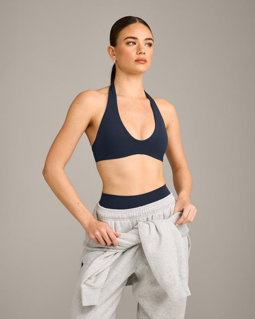 SoftMotion™ Minimal Halter Neck Bralette with Gray Logo | True Blue