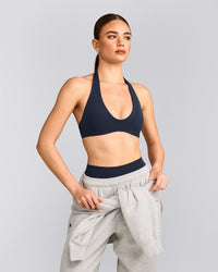 SoftMotion™ Minimal Halter Neck Bralette with Gray Logo | True Blue
