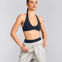 SoftMotion™ Minimal Halter Neck Bralette with Gray Logo | True Blue