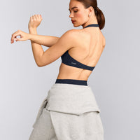 SoftMotion™ Minimal Halter Neck Bralette with Gray Logo | True Blue