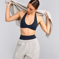SoftMotion™ Minimal Halter Neck Bralette with Gray Logo | True Blue