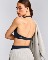 SoftMotion™ Minimal Halter Neck Bralette with Gray Logo | True Blue