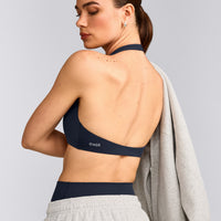 SoftMotion™ Minimal Halter Neck Bralette with Gray Logo | True Blue