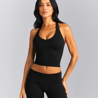SoftMotion™ Racer Back Mid Tank Top with Built in Bra Shelf | Black
