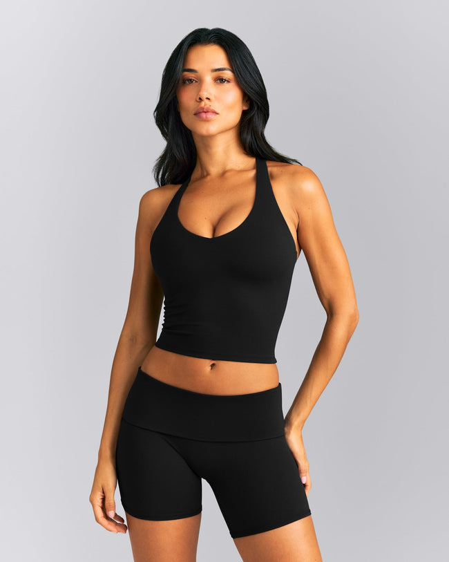 SoftMotion™ Racer Back Mid Tank Top with Built in Bra Shelf | Black
