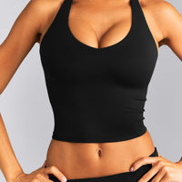 SoftMotion™ Racer Back Mid Tank Top with Built in Bra Shelf | Black