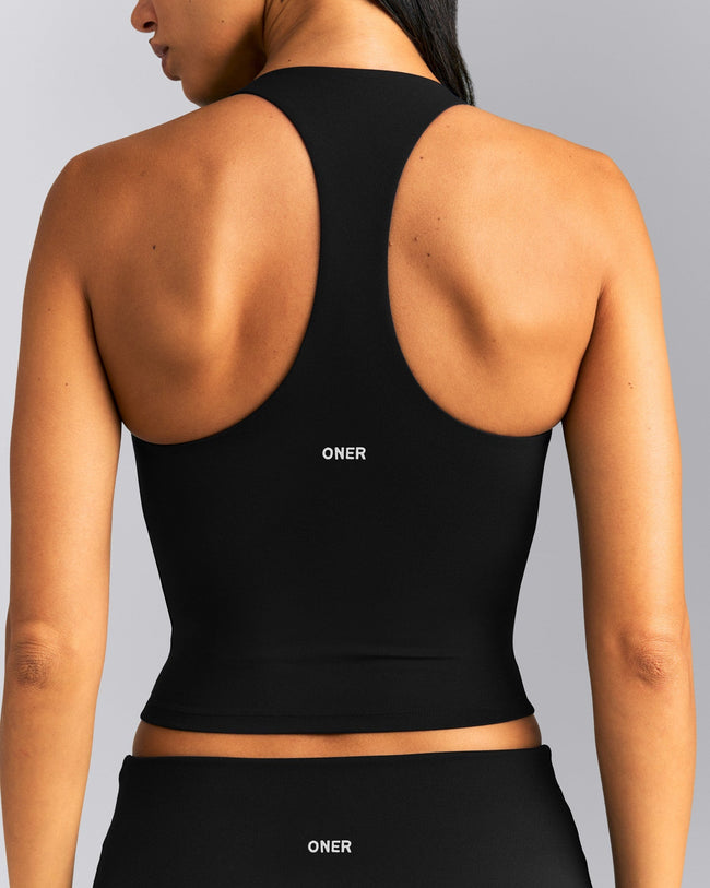 SoftMotion™ Racer Back Mid Tank Top with Built in Bra Shelf | Black