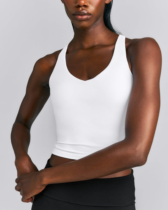 SoftMotion™ Racer Back Mid Tank Top with Built in Bra Shelf | White