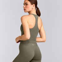 SoftMotion™ Racer Back Mid Tank Top with Built in Bra Shelf with Gray Logo | Alpine Green