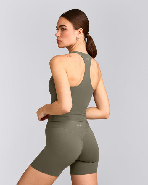 SoftMotion™ Racer Back Mid Tank Top with Built in Bra Shelf with Gray Logo | Alpine Green