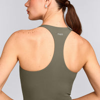 SoftMotion™ Racer Back Mid Tank Top with Built in Bra Shelf with Gray Logo | Alpine Green