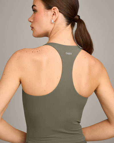 SoftMotion™ Racer Back Mid Vest with Built in Bra Shelf with Gray Logo | Alpine Green