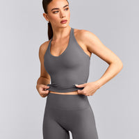 SoftMotion™ Racer Back Mid Tank Top with Built in Bra Shelf with Gray Logo | Ash Gray