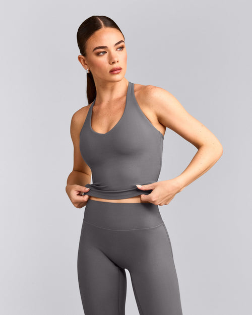 SoftMotion™ Racer Back Mid Tank Top with Built in Bra Shelf with Gray Logo | Ash Gray
