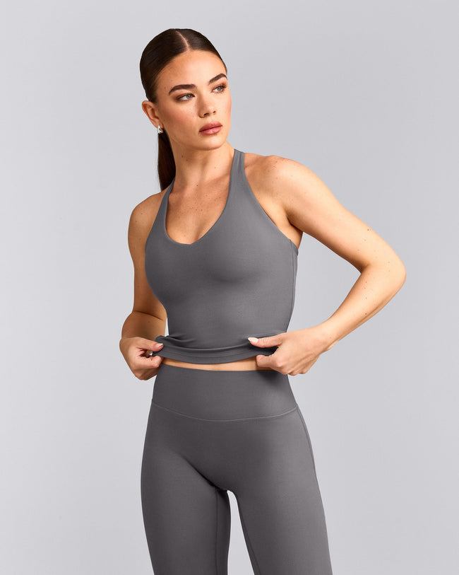 SoftMotion™ Racer Back Mid Tank Top with Built in Bra Shelf with Gray Logo | Ash Gray