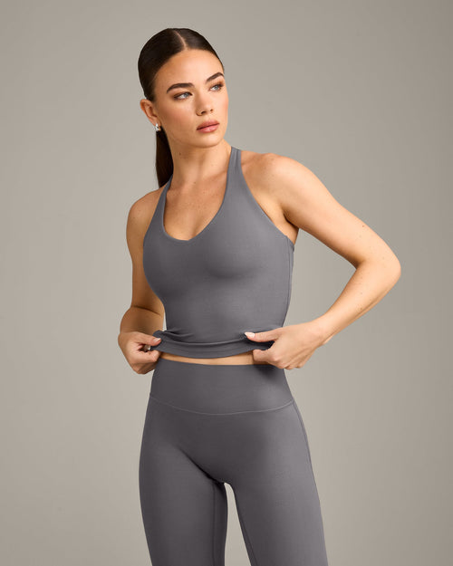 SoftMotion™ Racer Back Mid Tank Top with Built in Bra Shelf with Gray Logo | Ash Gray