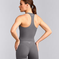 SoftMotion™ Racer Back Mid Tank Top with Built in Bra Shelf with Gray Logo | Ash Gray
