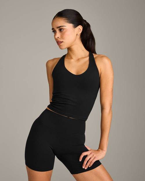 SoftMotion™ Racer Back Mid Tank Top with Built in Bra Shelf with Gray Logo | Black