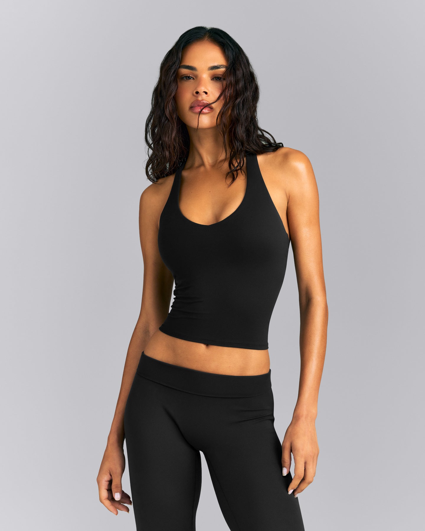 SoftMotion™ Racer Back Mid Tank Top with Built in Bra Shelf | Black