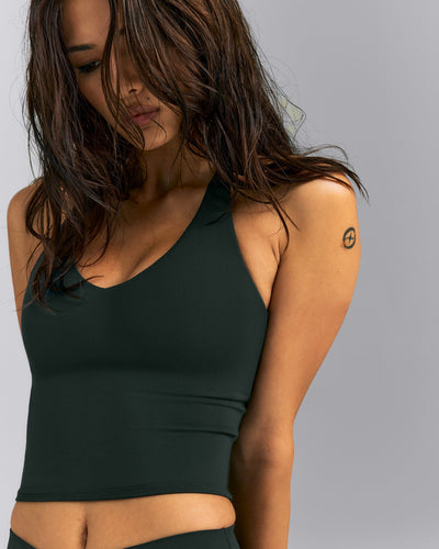 SoftMotion™ Racer Back Mid Tank Top with Built in Bra Shelf | Emerald Noir