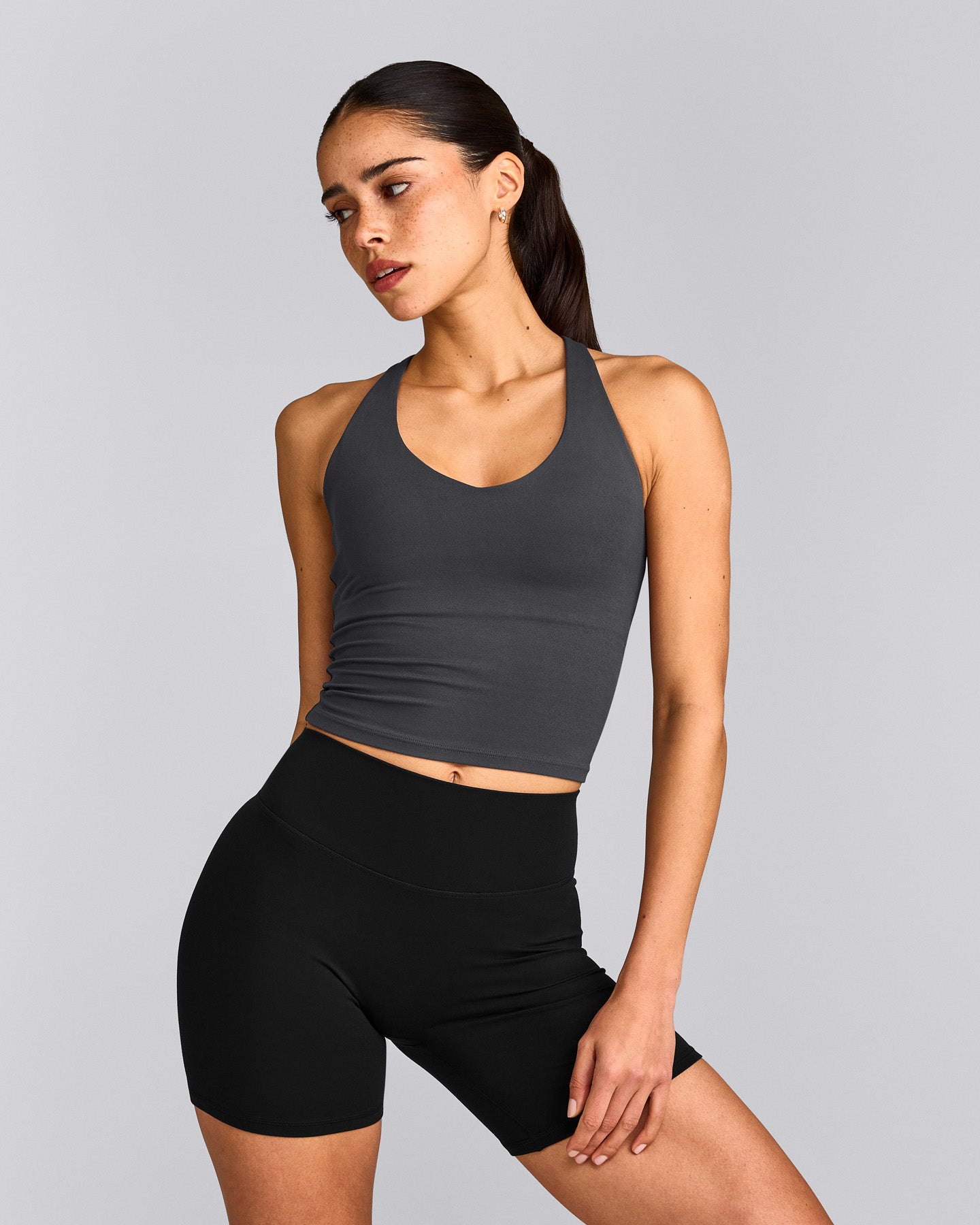 SoftMotion™ Racer Back Mid Tank Top with Built in Bra Shelf with Gray Logo | Coal