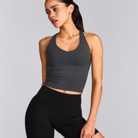 SoftMotion™ Racer Back Mid Tank Top with Built in Bra Shelf with Gray Logo | Coal