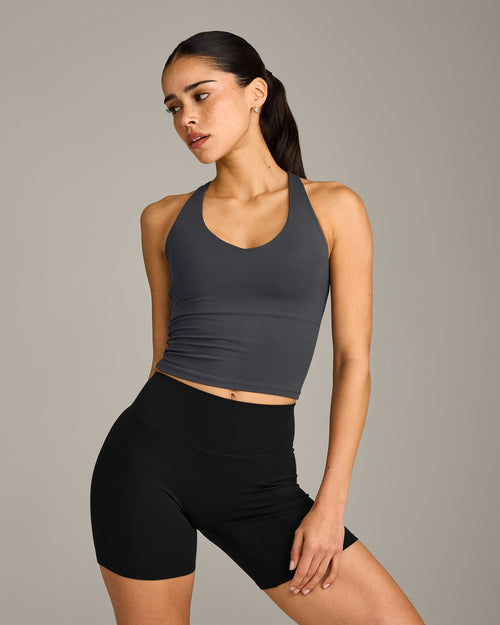 SoftMotion™ Racer Back Mid Tank Top with Built in Bra Shelf with Gray Logo | Coal