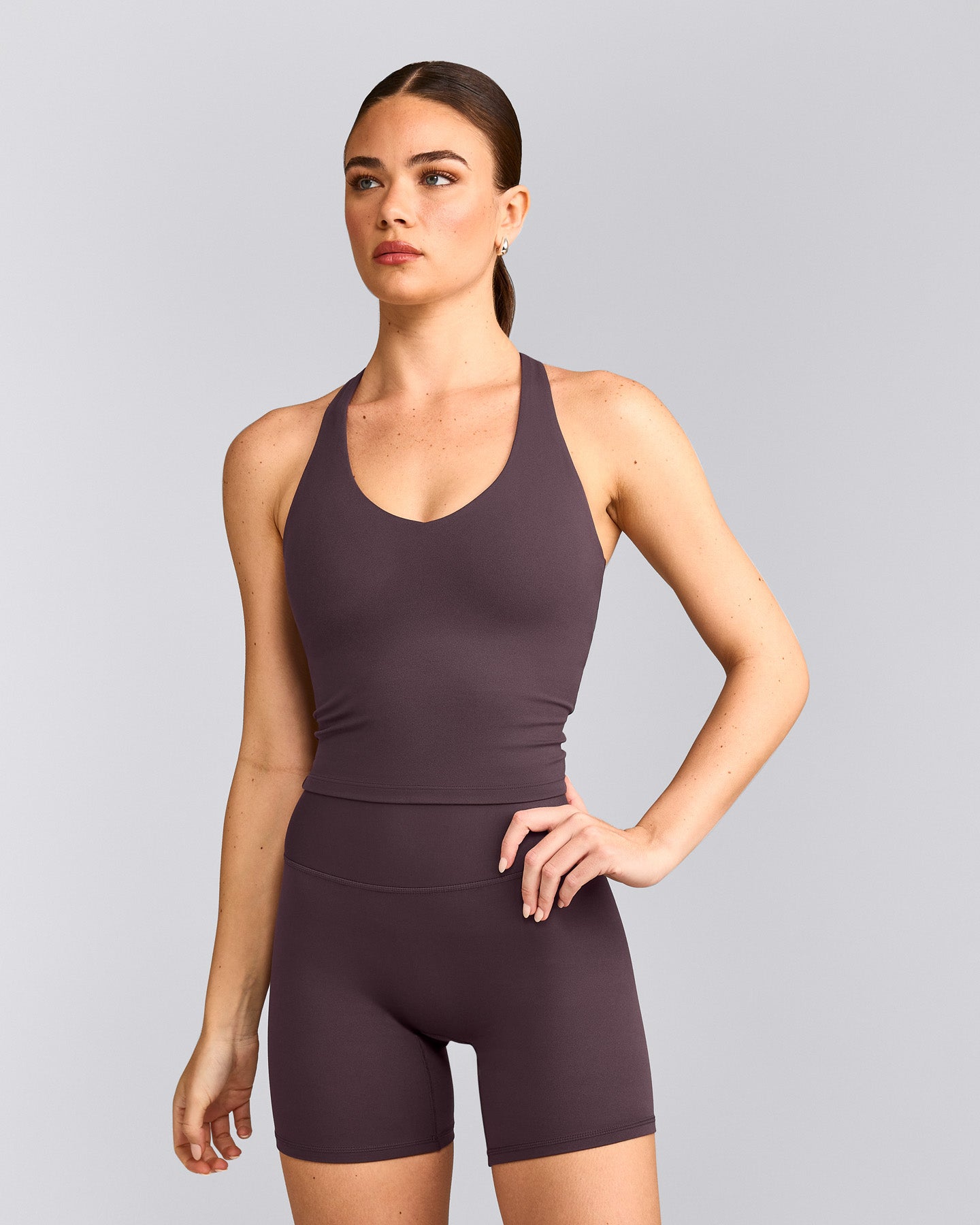 SoftMotion™ Racer Back Mid Tank Top with Built in Bra Shelf with Gray Logo | Dark Umber Brown