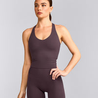 SoftMotion™ Racer Back Mid Tank Top with Built in Bra Shelf with Gray Logo | Dark Umber Brown