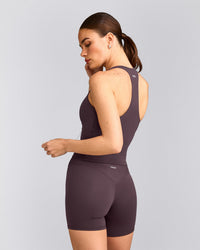 SoftMotion™ Racer Back Mid Tank Top with Built in Bra Shelf with Gray Logo | Dark Umber Brown