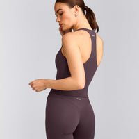 SoftMotion™ Racer Back Mid Tank Top with Built in Bra Shelf with Gray Logo | Dark Umber Brown