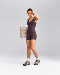 SoftMotion™ Racer Back Mid Tank Top with Built in Bra Shelf with Gray Logo | Dark Umber Brown