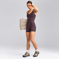 SoftMotion™ Racer Back Mid Tank Top with Built in Bra Shelf with Gray Logo | Dark Umber Brown
