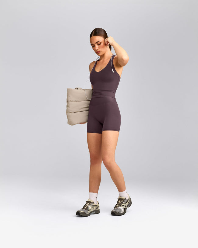 SoftMotion™ Racer Back Mid Tank Top with Built in Bra Shelf with Gray Logo | Dark Umber Brown