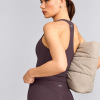 SoftMotion™ Racer Back Mid Tank Top with Built in Bra Shelf with Gray Logo | Dark Umber Brown