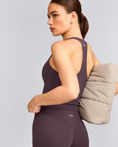 SoftMotion™ Racer Back Mid Tank Top with Built in Bra Shelf with Gray Logo | Dark Umber Brown