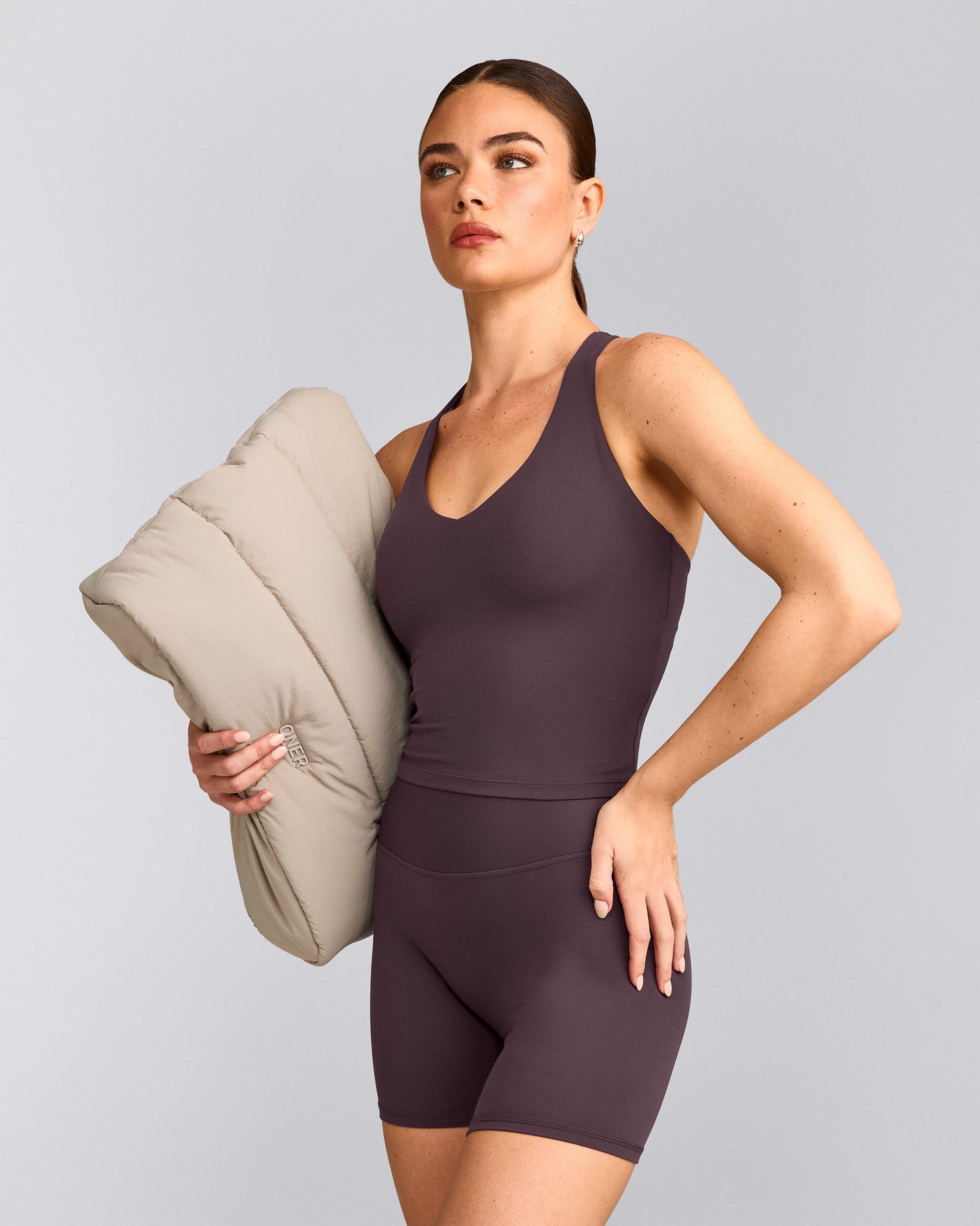 SoftMotion™ Racer Back Mid Tank Top with Built in Bra Shelf with Gray Logo | Dark Umber Brown