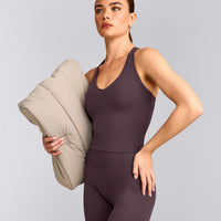 SoftMotion™ Racer Back Mid Tank Top with Built in Bra Shelf with Gray Logo | Dark Umber Brown