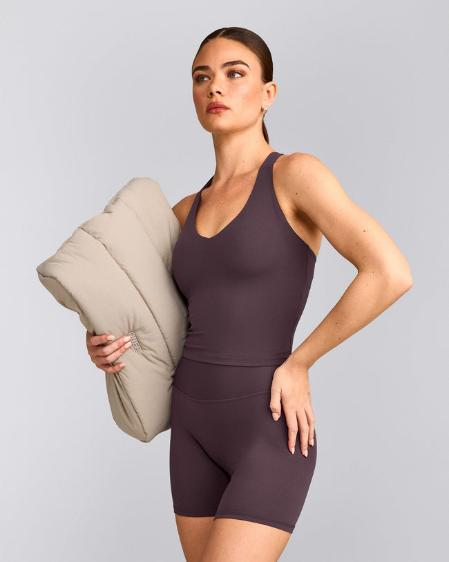 SoftMotion™ Racer Back Mid Tank Top with Built in Bra Shelf with Gray Logo | Dark Umber Brown