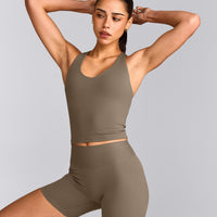 SoftMotion™ Racer Back Mid Tank Top with Built in Bra Shelf with Gray Logo | Moss Brown