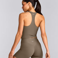 SoftMotion™ Racer Back Mid Tank Top with Built in Bra Shelf with Gray Logo | Moss Brown