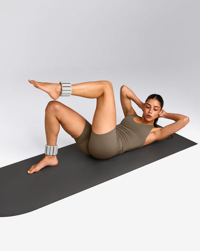 SoftMotion™ Racer Back Mid Tank Top with Built in Bra Shelf with Gray Logo | Moss Brown