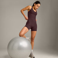 SoftMotion™ Racer Back Mid Vest with Built in Bra Shelf with Gray Logo | Plum Brown