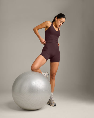 SoftMotion™ Racer Back Mid Vest with Built in Bra Shelf with Gray Logo | Plum Brown