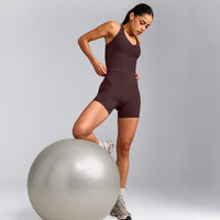 SoftMotion™ Racer Back Mid Tank Top with Built in Bra Shelf with Gray Logo | Plum Brown
